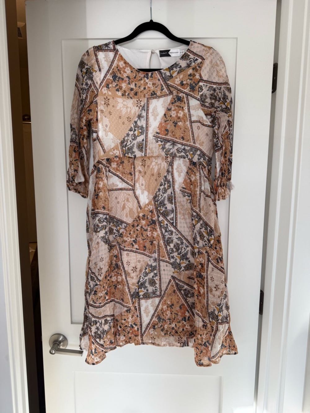 Piper and Scoot Patchwork Floral Long-Sleeve Dress in Tan and Cream